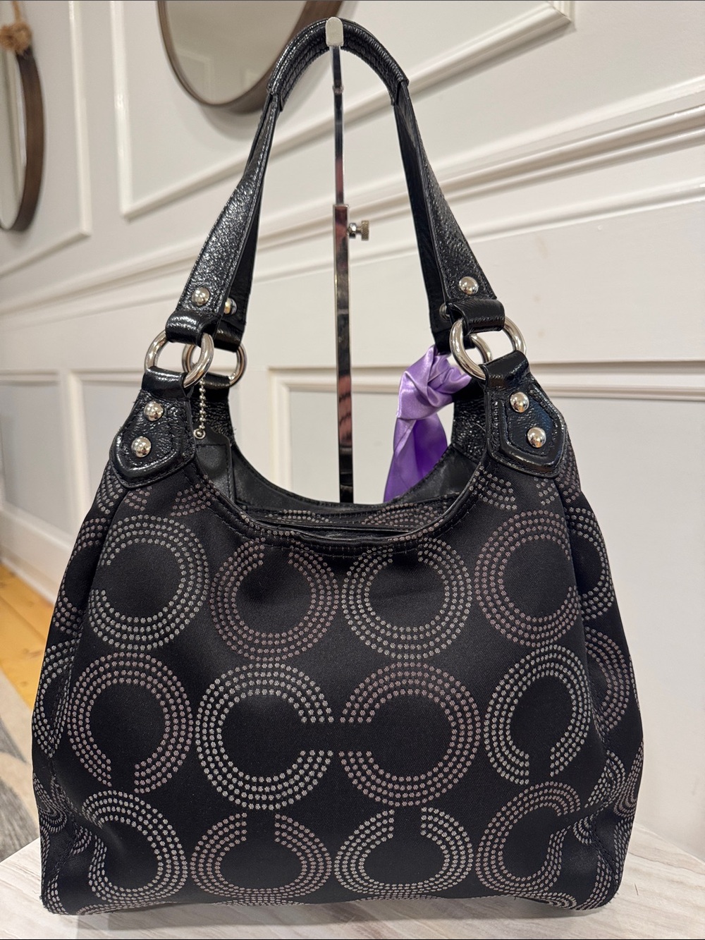 Coach Bag Ashley Dotted Op Art Black Signature Logo Hobo Shoulder Bag - Picture 8 of 17